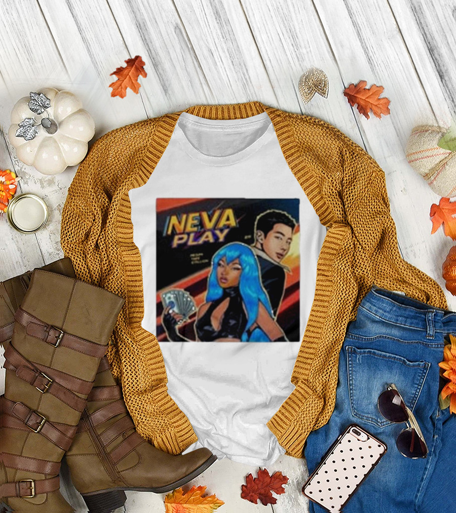 Megan Thee Stallion Neva Play Comic Style Artwork with Blue-Haired Character and Cards T-Shirt