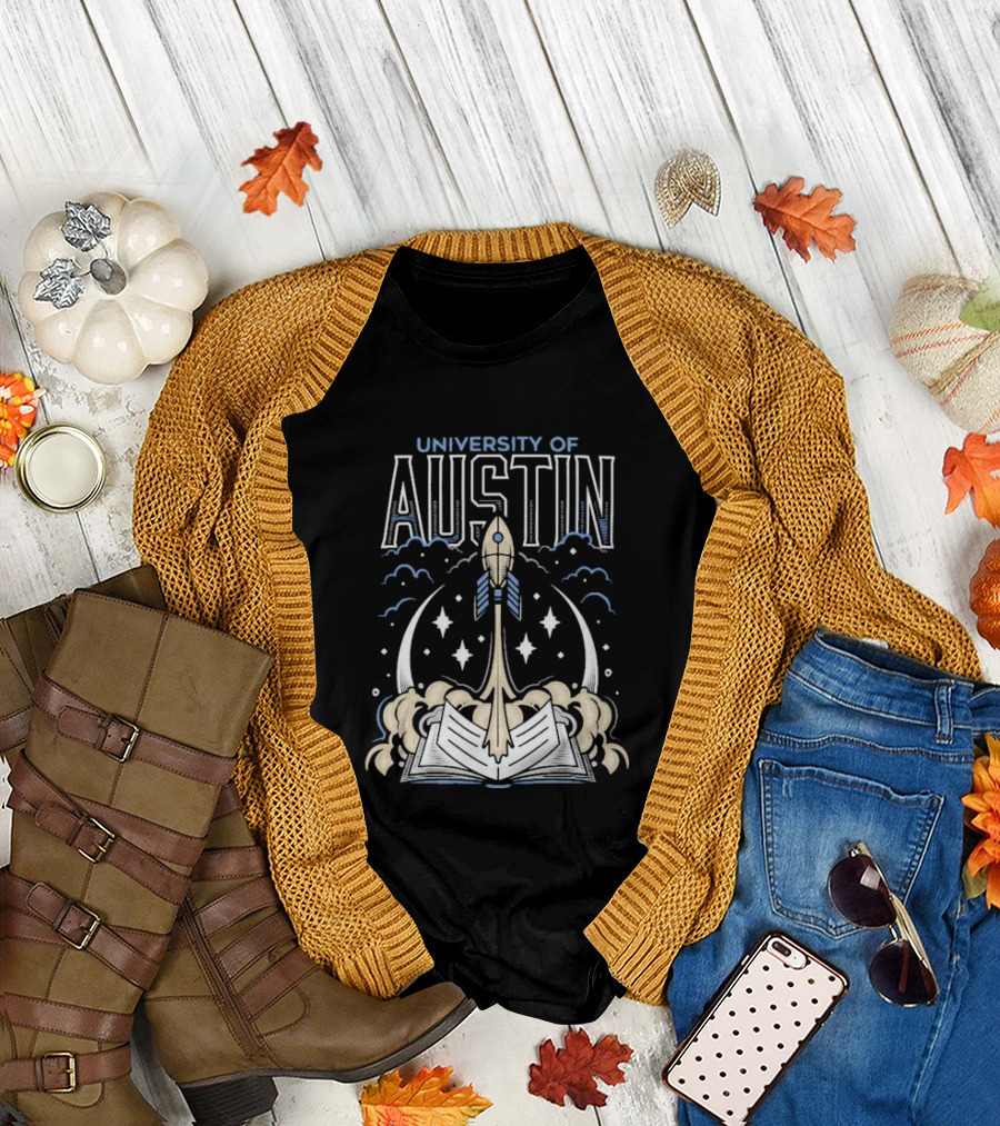 University of Austin Rocket Book Imagery with Stars and Clouds T-Shirt