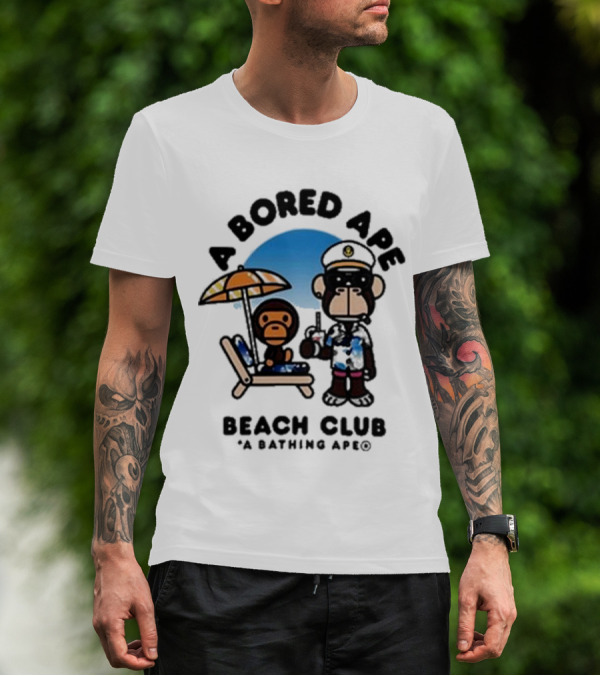 A Bored Ape Beach Club A Bathing Ape Officer And Relaxing Ape Scene T-Shirt