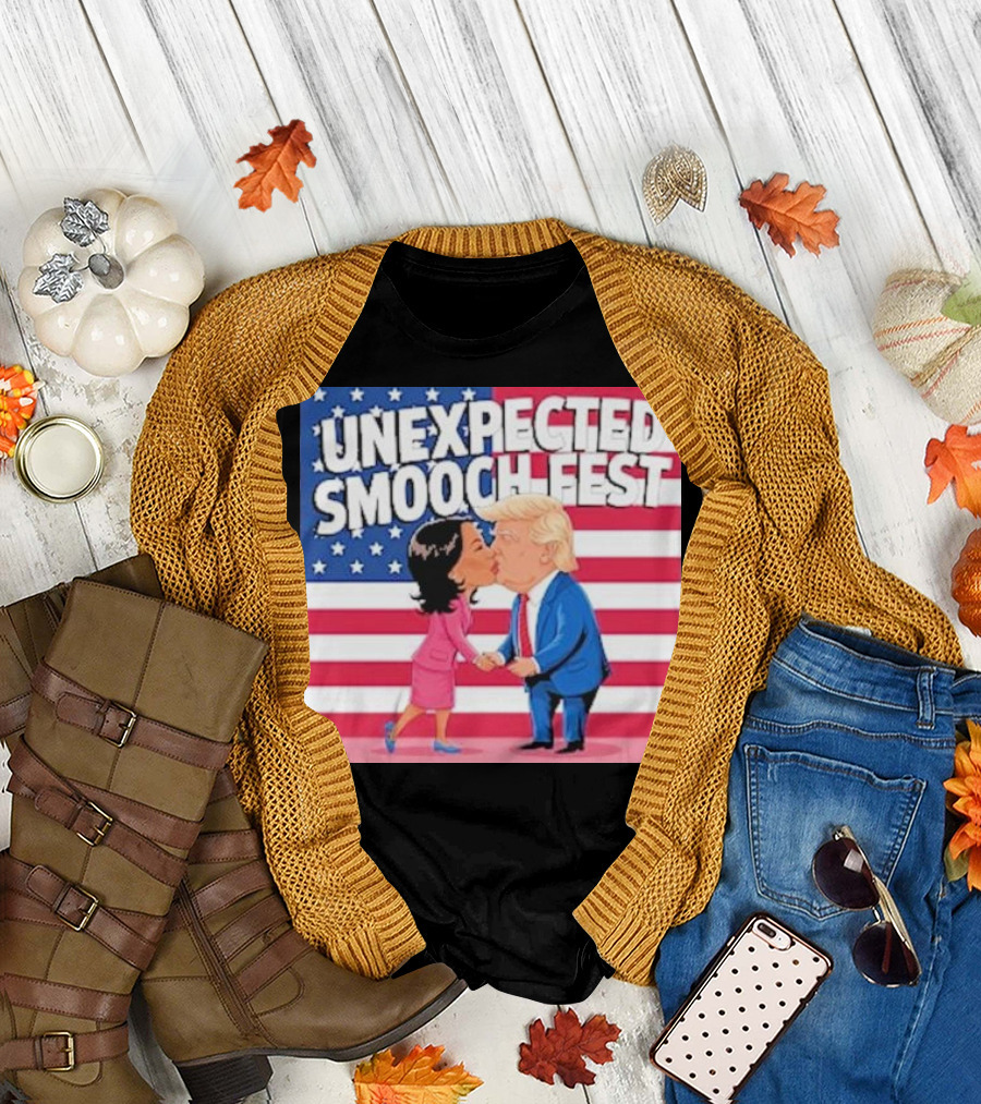 UNEXPECTED SMOOCH FEST Donald Trump and Kamala Harris Kissing American Flag Background T-Shirt