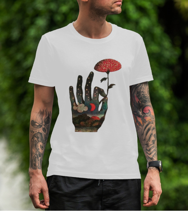 Fly Agaric Psychedelic Hand With Night Sky And Moon T-Shirt