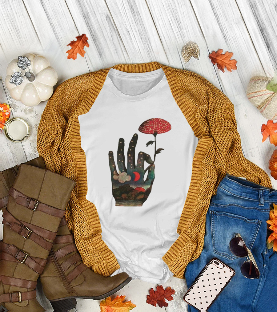 Fly Agaric Psychedelic Hand with Night Sky and Moon T-Shirt