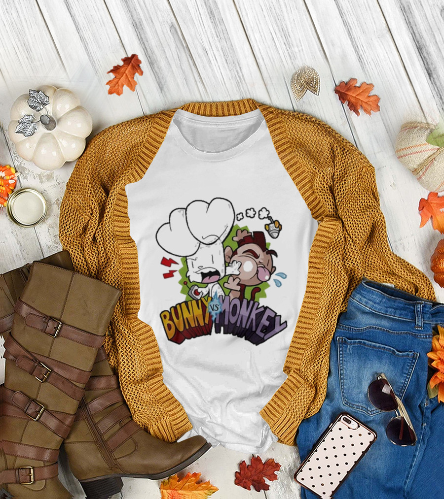 Bunny vs Monkey Comic Showdown with Boxing Glove and Cartoon Expressions T-Shirt