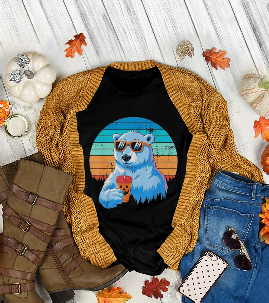 Retro Polar Bear In Sunglasses Sipping Halloween Latte Vintage Sunset T-Shirt