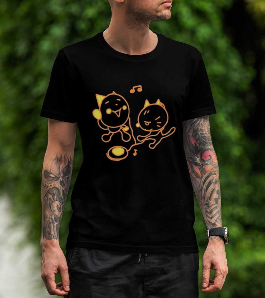 Pixlotl Cat Characters With Music Notes And CD Player T-Shirt