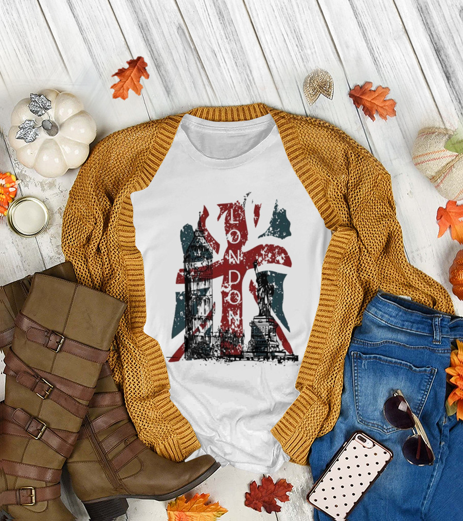 Retro London England Flag Big Ben Statue Liberty T-Shirt