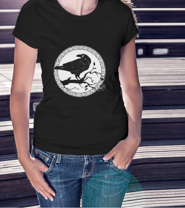 Viking Crow Celtic Norse Valhalla Odin Thor Raven On Branch Circle T-Shirt