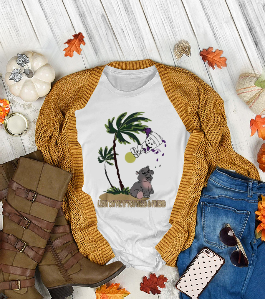 Lean On Me If You Need A Friend Moo Deng Cup with Palm Tree and Hippo Scene T-Shirt