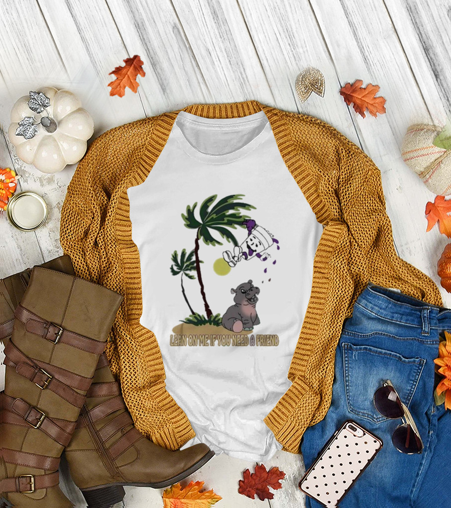 Grapejuiceboys Lean On Me If You Need A Friend Moo Deng Palm Tree Tropical Scene T-Shirt
