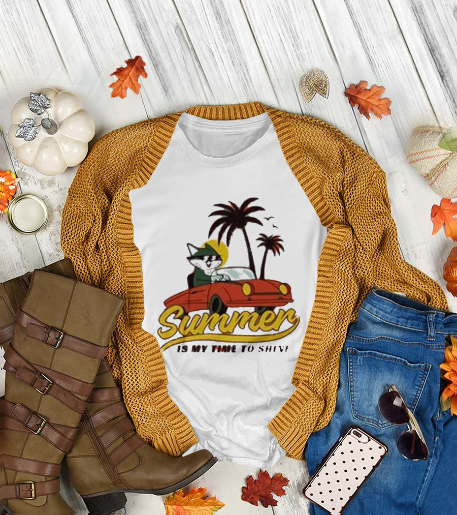 Summer Is My Time to Shine Cat in Car with Palm Trees T-Shirt