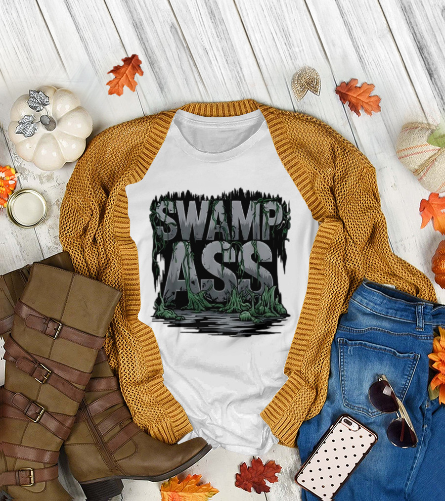 SWAMP ASS Moss-Covered Letters with Water and Grass T-Shirt