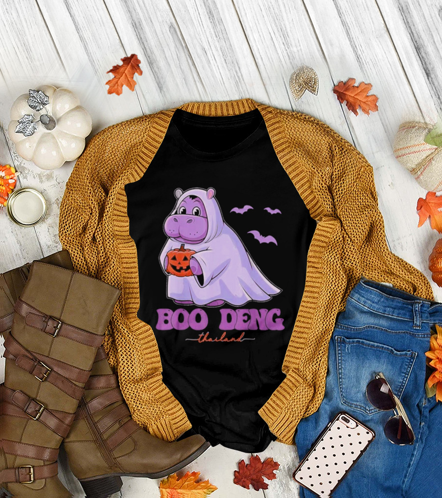 Boo Deng Thailand Halloween Hippo with Pumpkin and Bats T-Shirt