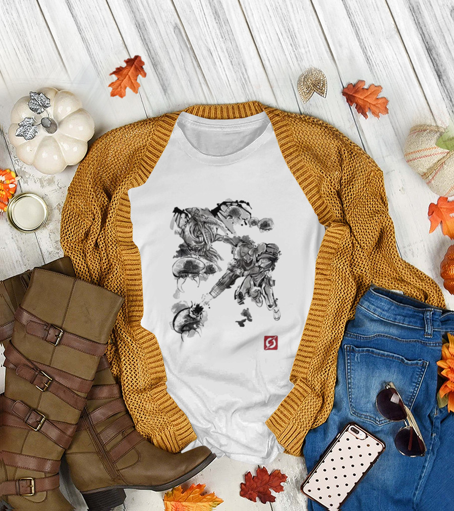 Attack Of The Space Pirates Sumi-E Style Metroid Battle Scene T-Shirt