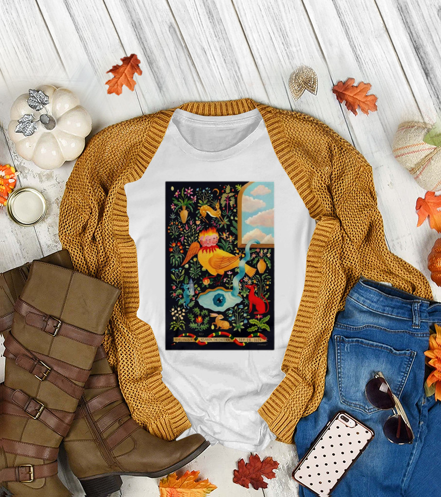 Khruangbin Atlanta The Eastern September 28 2024 Colorful Surreal Floral Art with Playful Animals and Streaming Clouds T-Shirt
