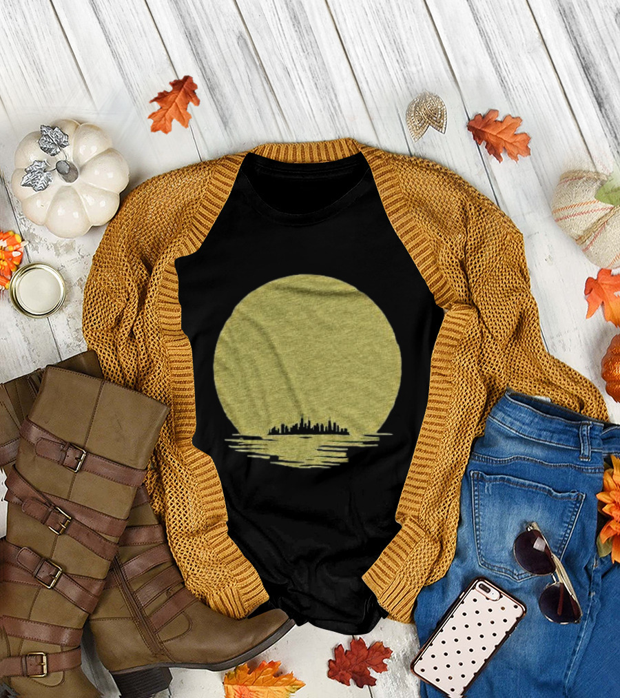 Michigan Skyline Reflected Under Golden Moon T-Shirt