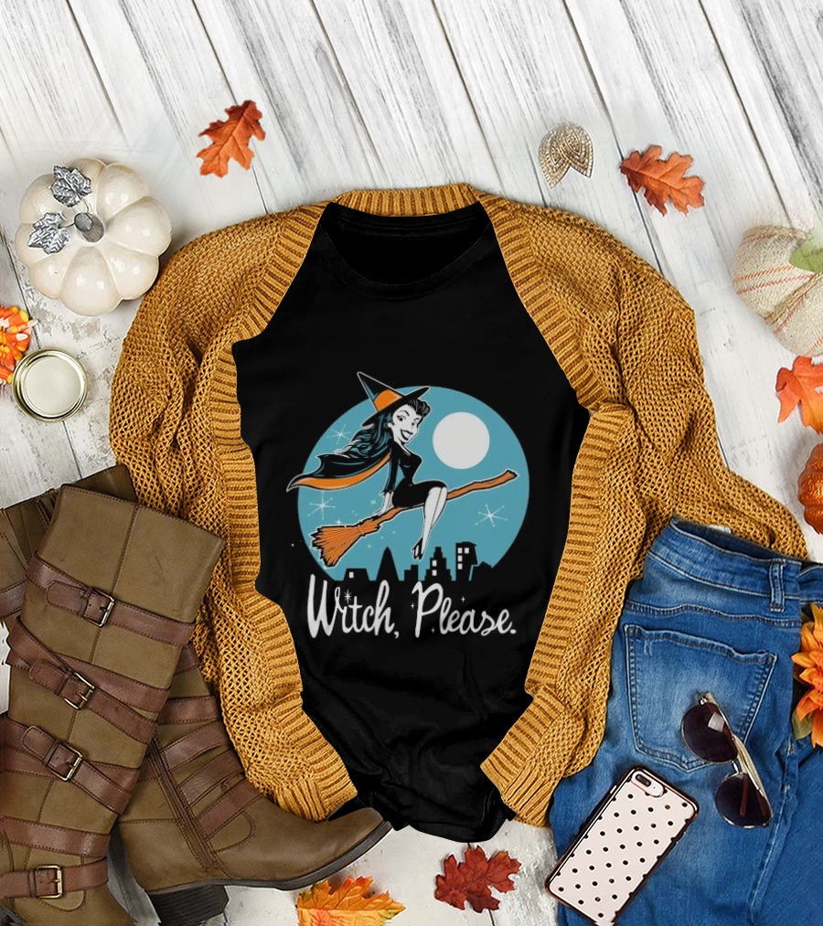 Witch Please Slim Midnight City Happy Halloween 2024 Broomstick Flying Moonlight Scene T-Shirt