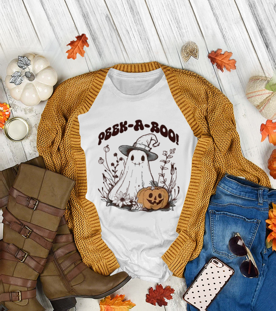 Peek-a-boo Halloween Cute Ghost Pumpkin Witch Hat T-Shirt