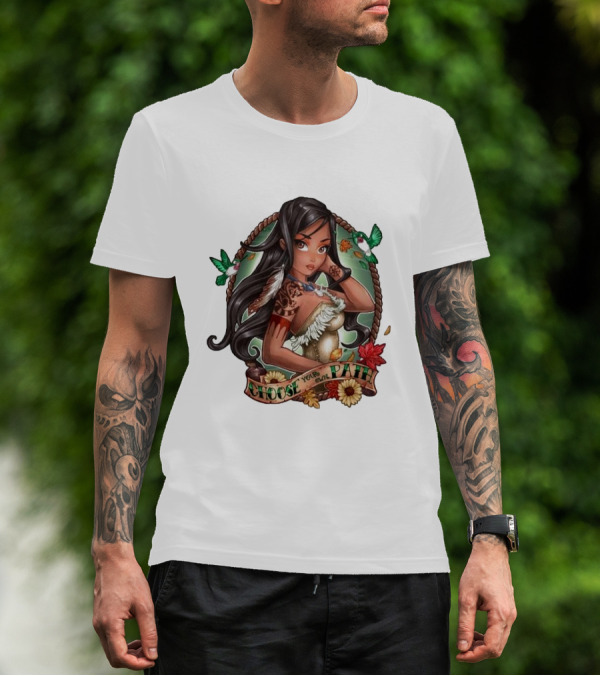 Pocahontas Choose Your Own Path Autumn Leaves Green Hummingbirds Tattoo Flowers T-Shirt