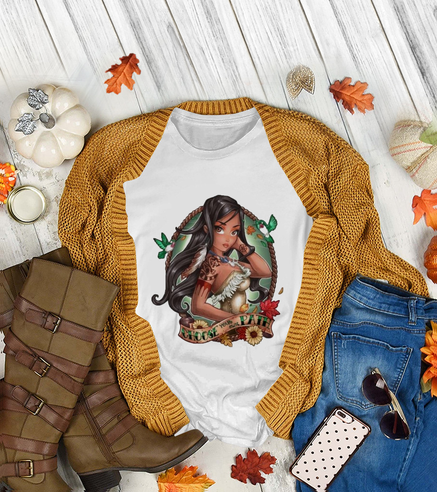 Pocahontas Choose Your Own Path Autumn Leaves Green Hummingbirds Tattoo Flowers T-Shirt