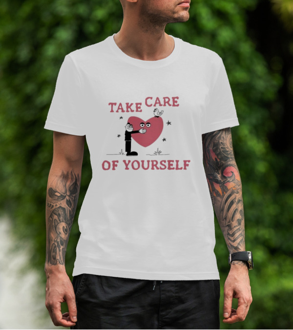 Take Care Of Yourself Heart With Cartoon Character And Bird T-Shirt