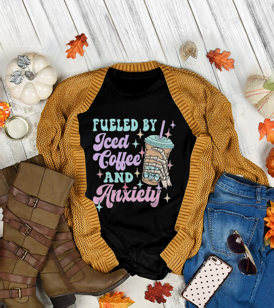 Fueled By Iced Coffee And Anxiety Skeleton Hand Pastel Aesthetic T-Shirt