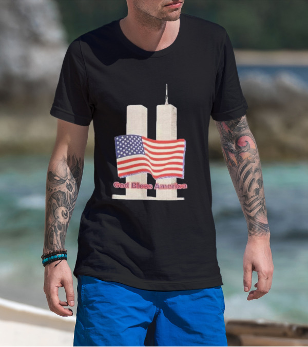 Vtg 9 11 Twin Towers God Bless America Flag T-Shirt
