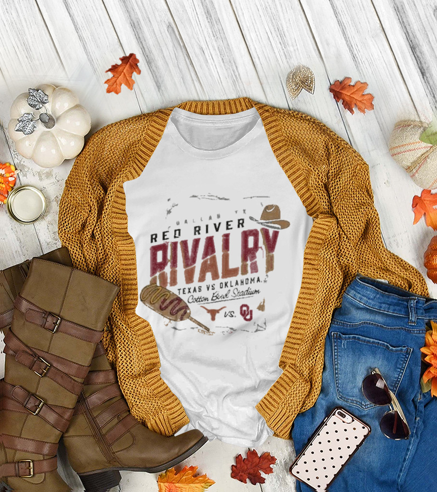 Red River Rivalry Texas Longhorns vs. Oklahoma Sooners Corn Dog Dallas Cotton Bowl Stadium T-Shirt