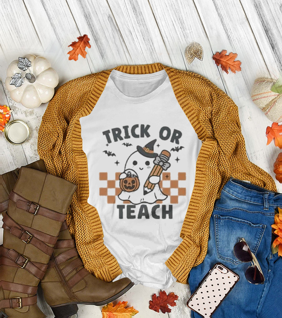 Trick or Teach Teacher Halloween Ghost with Witch Hat and Pumpkin T-Shirt
