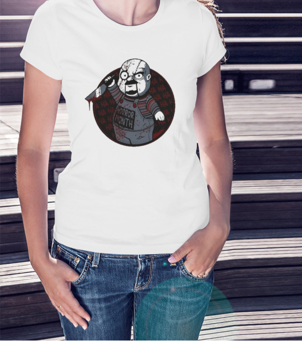 Horror Month Screen Printed Bloody Knife HA HA Masked Character T-Shirt