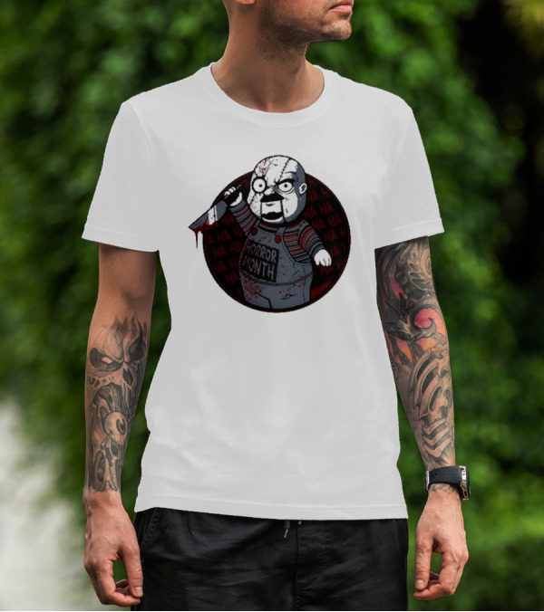 Horror Month Screen Printed Bloody Knife HA HA Masked Character T-Shirt