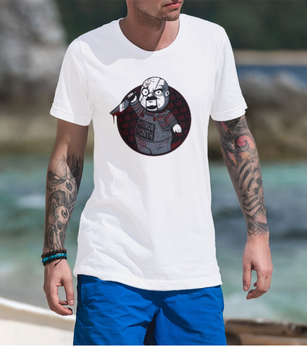Horror Month Screen Printed Bloody Knife HA HA Masked Character T-Shirt