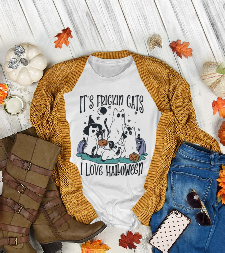 It's Frickin Cats I Love Halloween Ghost Cats Pumpkins Moon Stars T-Shirt
