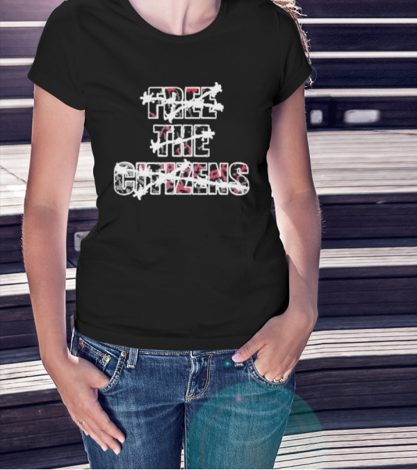 FREE THE CITIZENS Red And White Distressed Letters With Barbed Wire T-Shirt