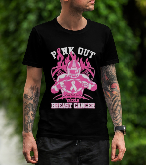 Pink Out Tackle Breast Cancer Awareness Football Player Ribbon Flames T-Shirt