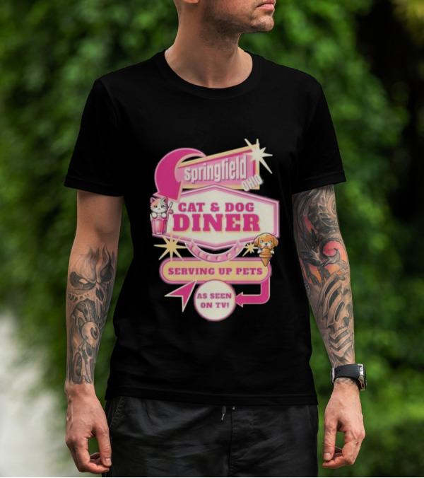 Springfield Cat And Dog Diner Serving Up Pets As Seen On TV Retro Neon Sign T-Shirt