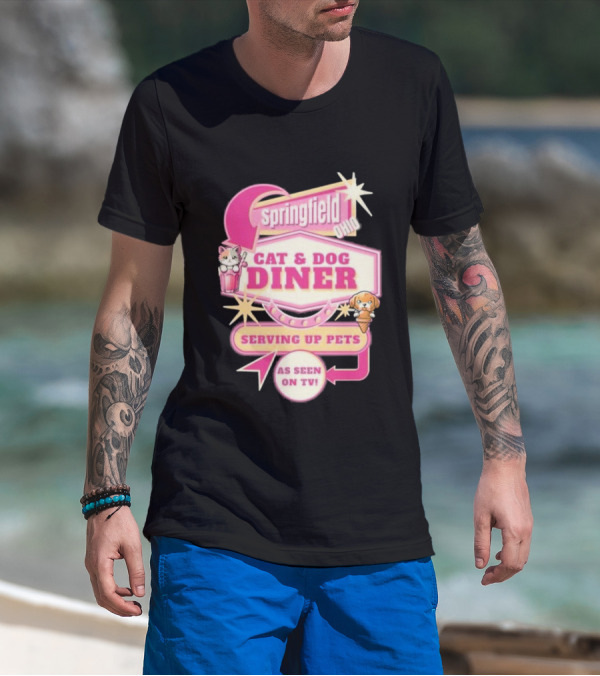 Springfield Cat And Dog Diner Serving Up Pets As Seen On TV Retro Neon Sign T-Shirt