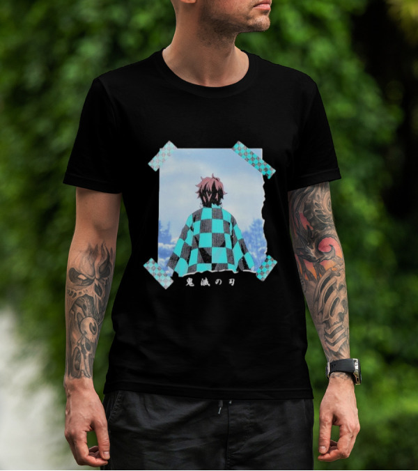 Demon Slayer Kimetsu No Yaiba Tanjiro Checkered Cloak Japanese Text UT Collection T-Shirt