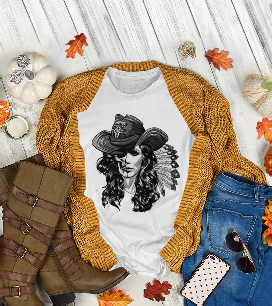 Mickie James Ghost Rider Cowgirl Skull Feather Hat T-Shirt