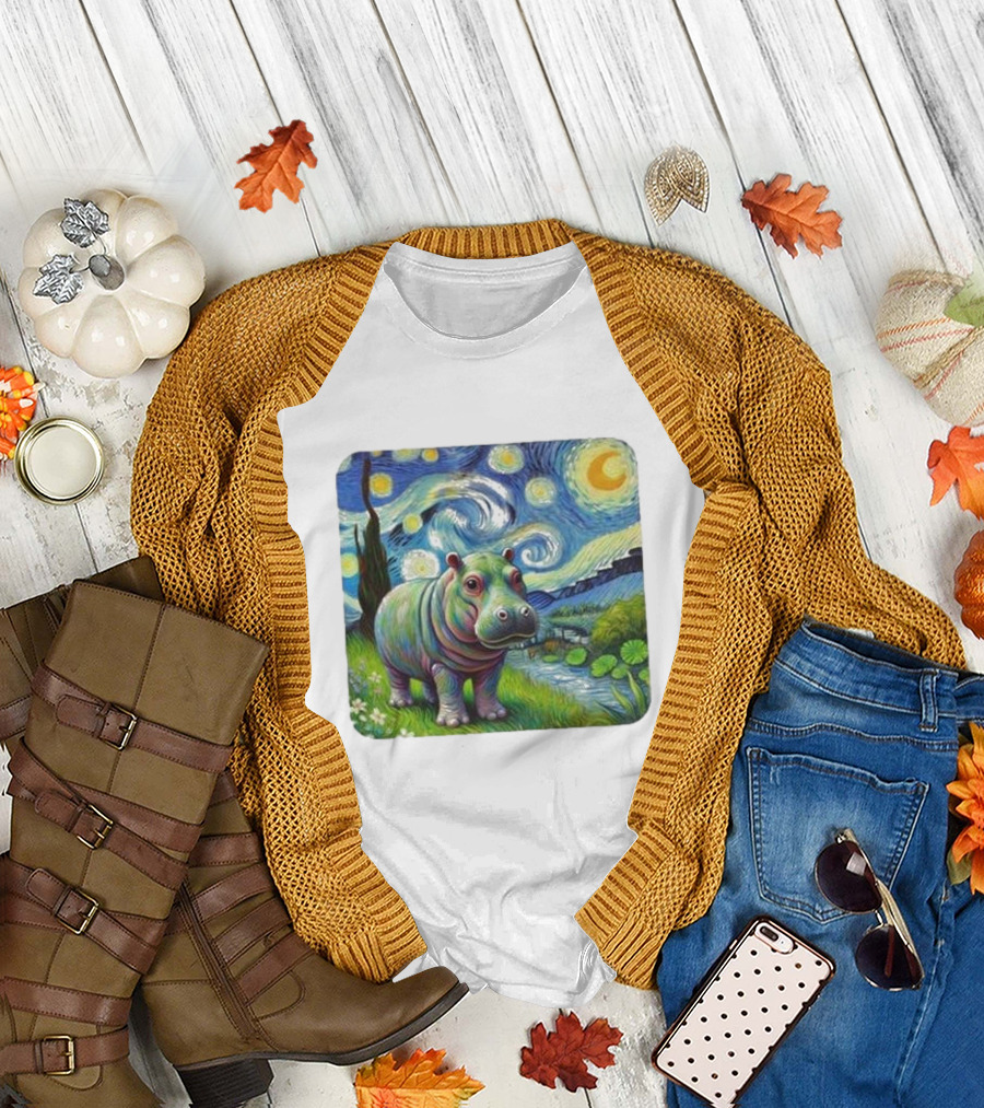 Moo Deng Cute Baby Hippo Van Gogh 2024 Starry Night T-Shirt