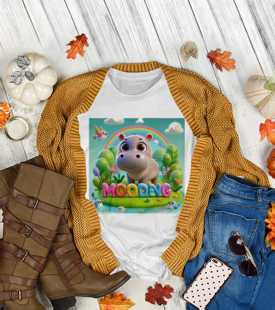 Moo-Deng The Famous Baby Pygmy Hippo Moo Deng Rainbow Meadow Scene T-Shirt