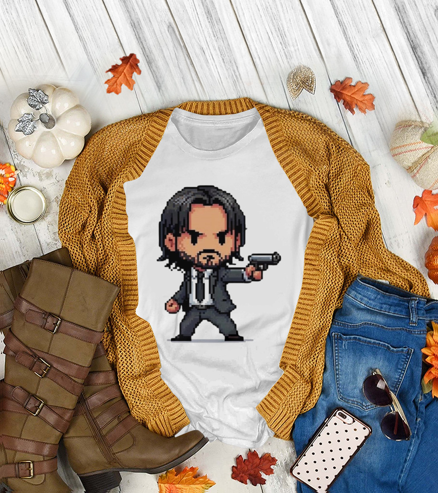 Pixel Chibi John Wick with Gun T-Shirt