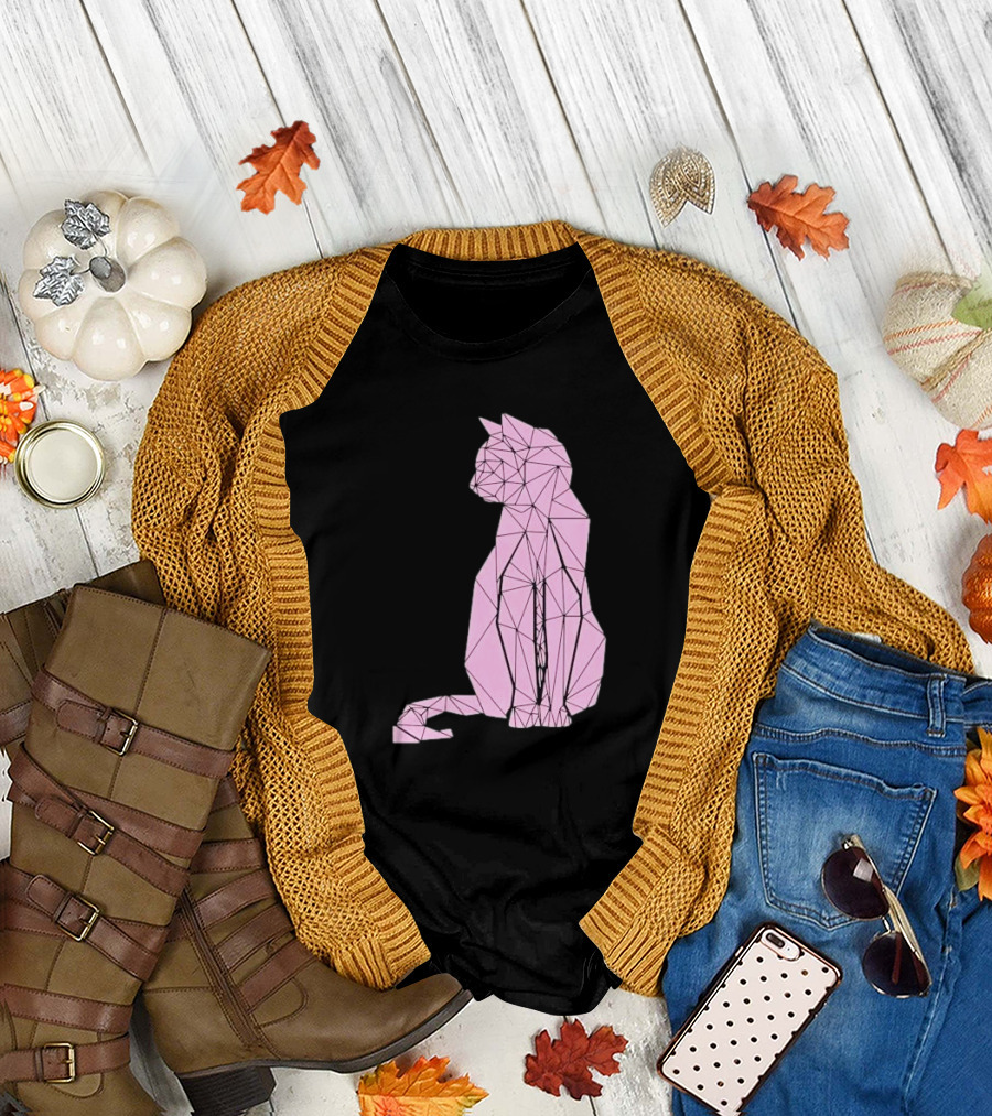 Geometric Cat Feline Pet Lover Minimalist Pink Line T-Shirt
