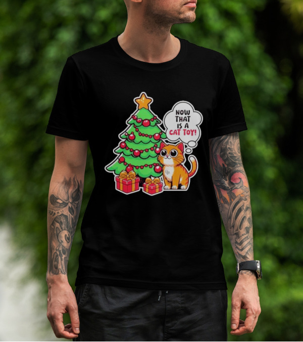 Now That Is A Cat Toy A Cute Orange Cat With Wide Eyes Next To Decorated Christmas Tree T-Shirt