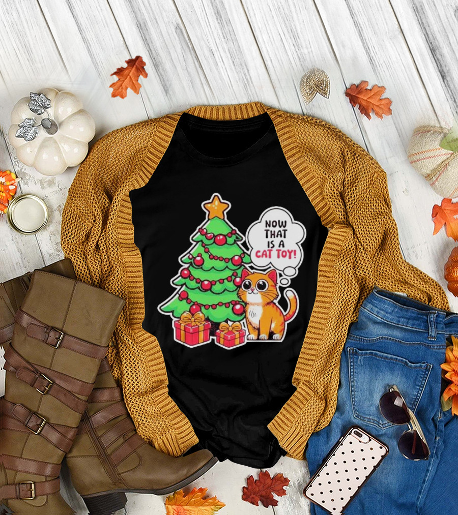 Now That Is A Cat Toy A Cute Orange Cat With Wide Eyes Next To Decorated Christmas Tree T-Shirt