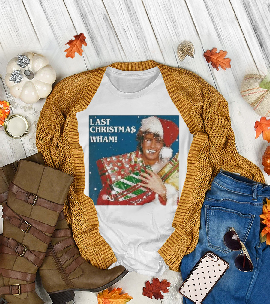 Last Christmas Wham George Michael Santa Hat Holding Gift T-Shirt