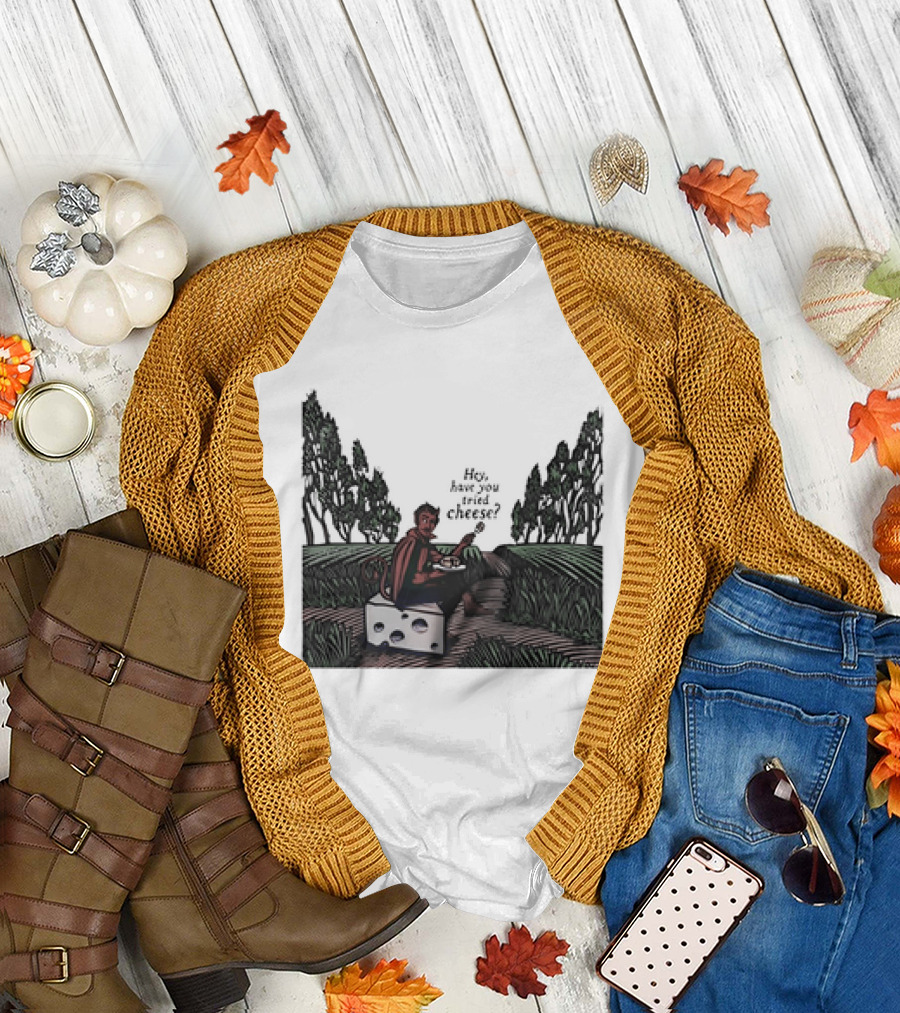 Devil Hey Have You Tried Cheese Sitting on Large Cheese Block in Countryside Scene T-Shirt