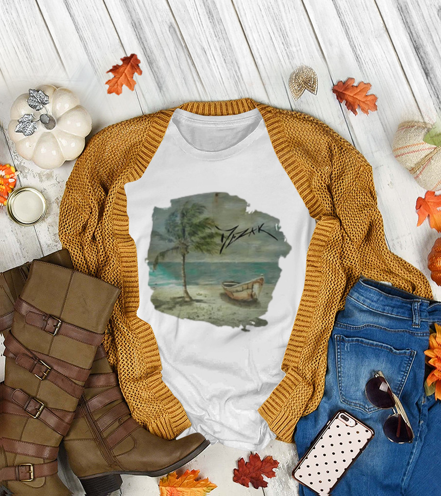 Mezak Art Tropical Beach Palm Tree and Boat Serenity T-Shirt