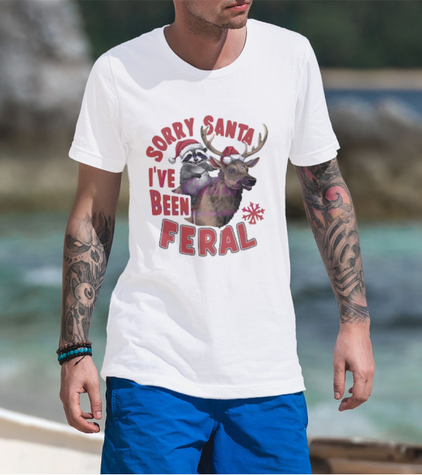 Sorry Santa I've Been Feral Raccoon Christmas Reindeer Santa Hat T-Shirt