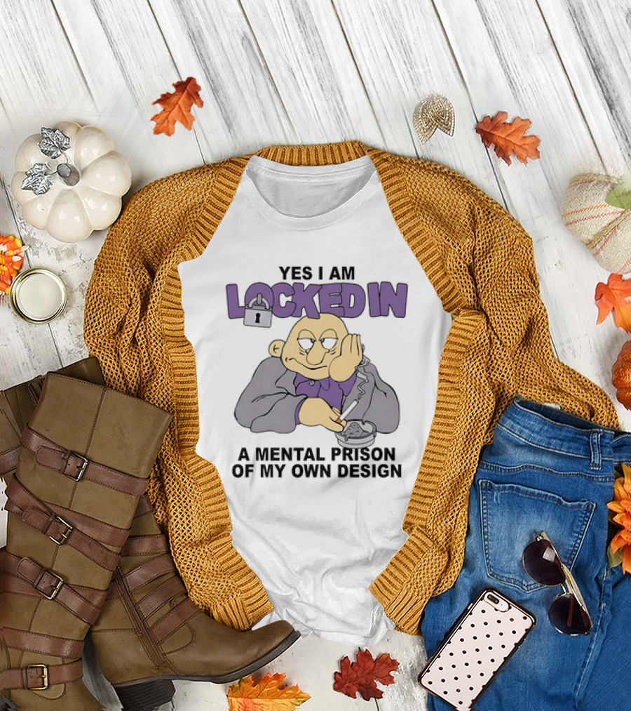 Yes I Am Locked in a Mental Prison of My Own Design Illustration with Lock and Smoking Figure T-Shirt
