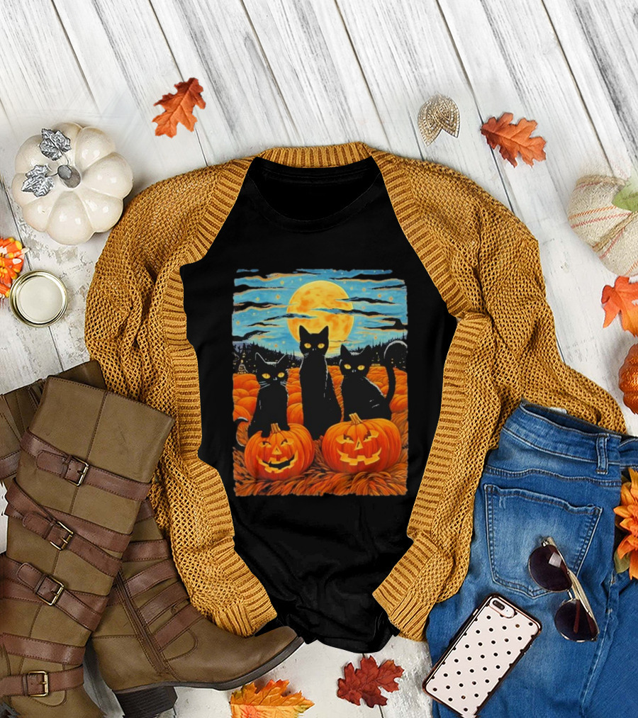 Black Cat Halloween Starry Night Pumpkin Van Gogh T-Shirt